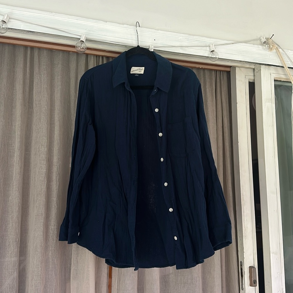 blue Linen Like button down shirt